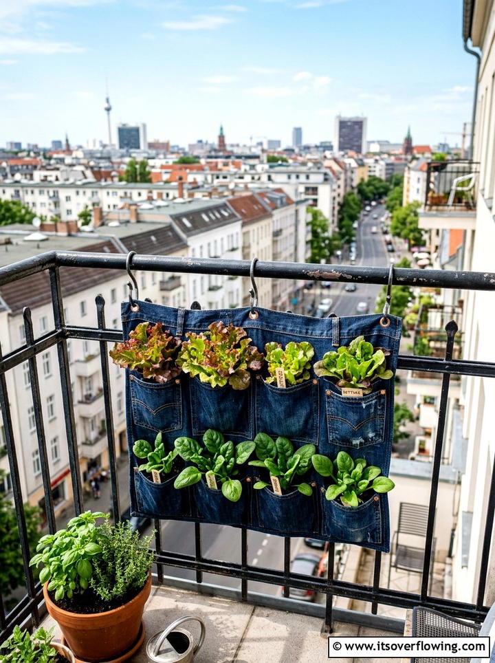 Recycled denim balcony pocket garden - 25 upcycled garden ideas with denim pockets