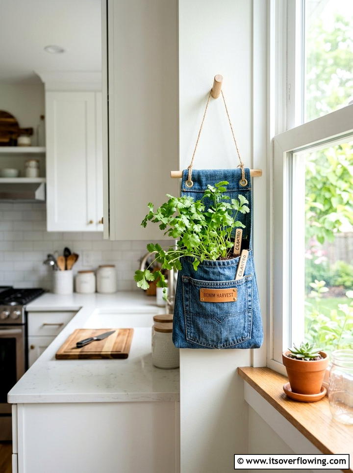 Recycled denim kitchen herb pocket - 25 upcycled garden ideas with denim pockets
