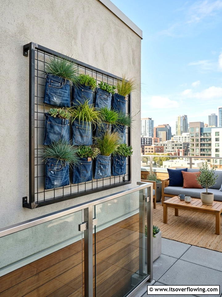 Recycled denim metal grid planter - 25 upcycled garden ideas with denim pockets