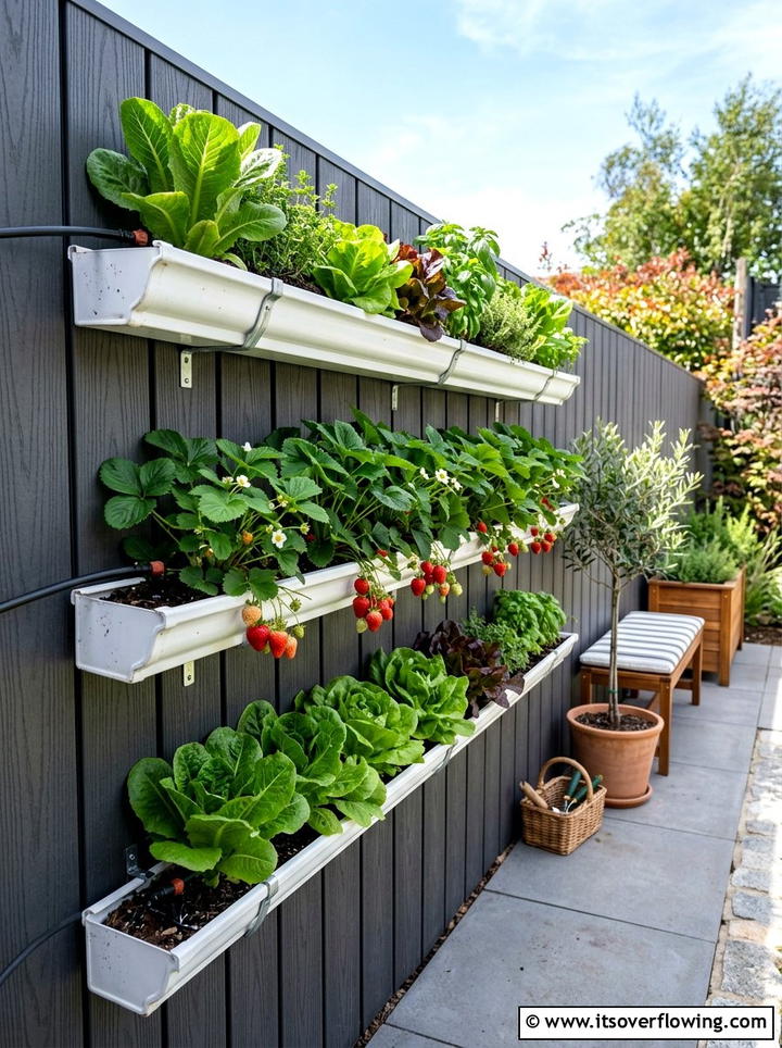 Recycled gutter wall garden - 25 upcycled garden ideas for narrow spaces