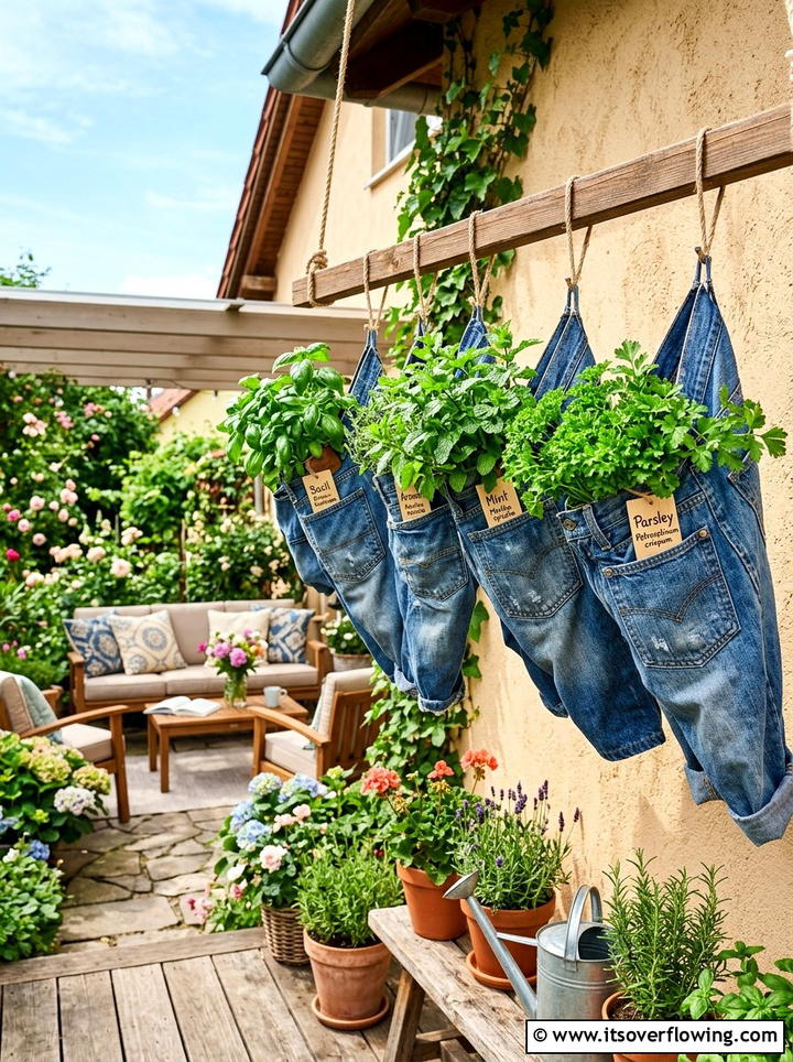 Recycled jeans hanging herb garden - 25 upcycled garden ideas with denim pockets