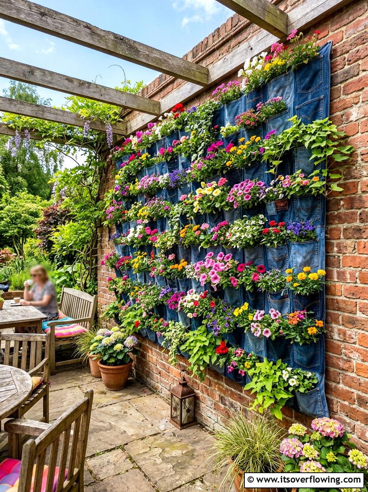 Recycled jeans pocket flower wall - 25 upcycled garden ideas with denim pockets