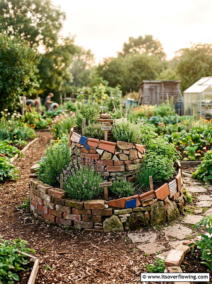 Recycled material herb spiral - 25 garden ideas with herb spirals