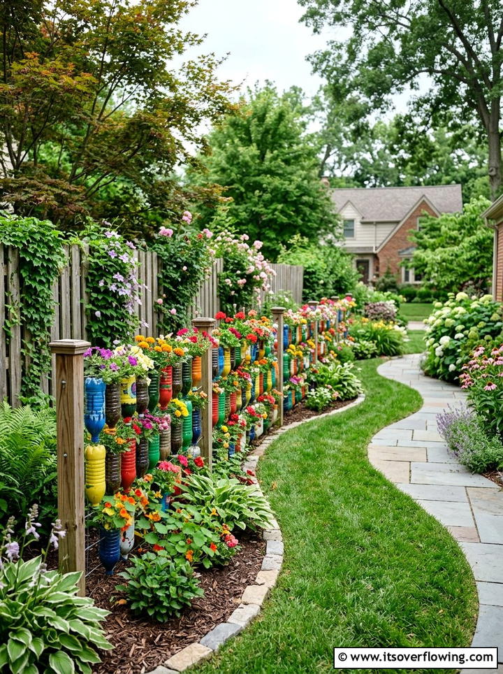Recycled soda bottle garden fence - 25 creative garden ideas with hanging bottle planters