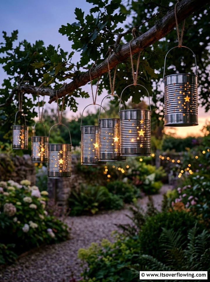 Recycled tin can lanterns - 25 reusing old things ideas for garden decor