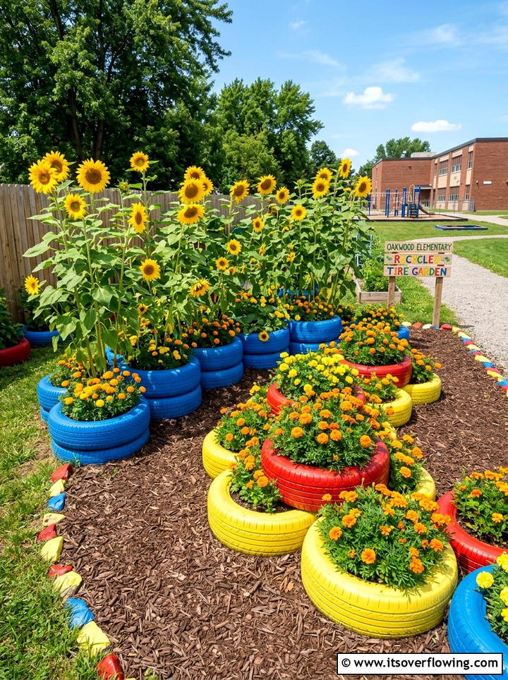 Recycled tire garden - 25 recycled garden ideas for school projects