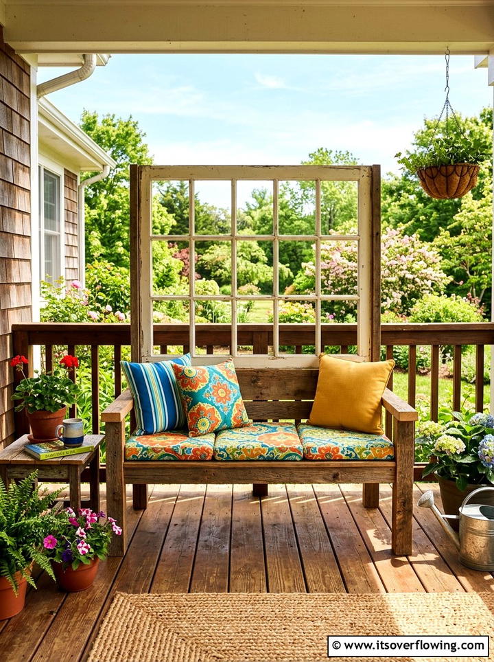 Recycled window bench backrest - 25 front porch ideas with repurposed windows