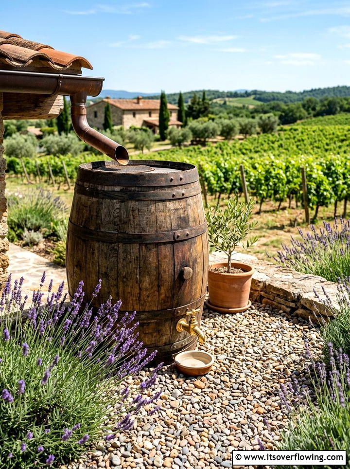 Recycled wine barrel water collector - 25 creative garden ideas with rain barrel displays