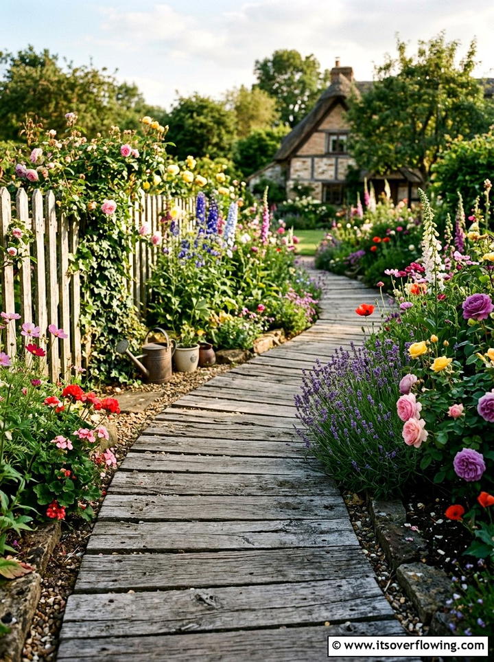 Recycled wood path in cottage garden - 25 creative garden ideas with secret pathways