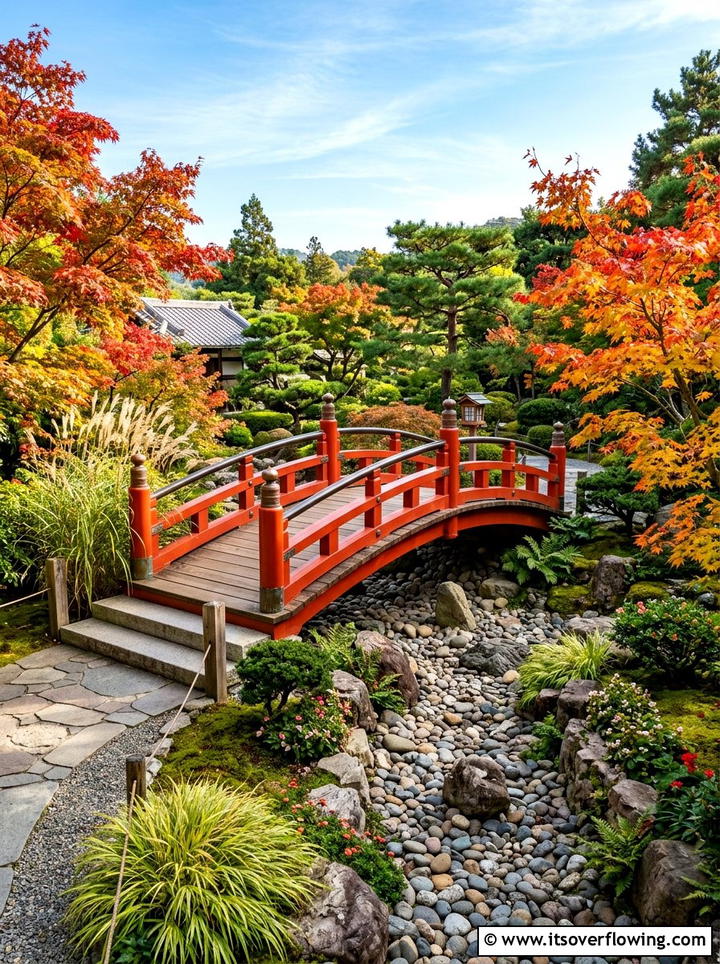 Red Arch Bridge - 25 garden decor ideas for zen gardens