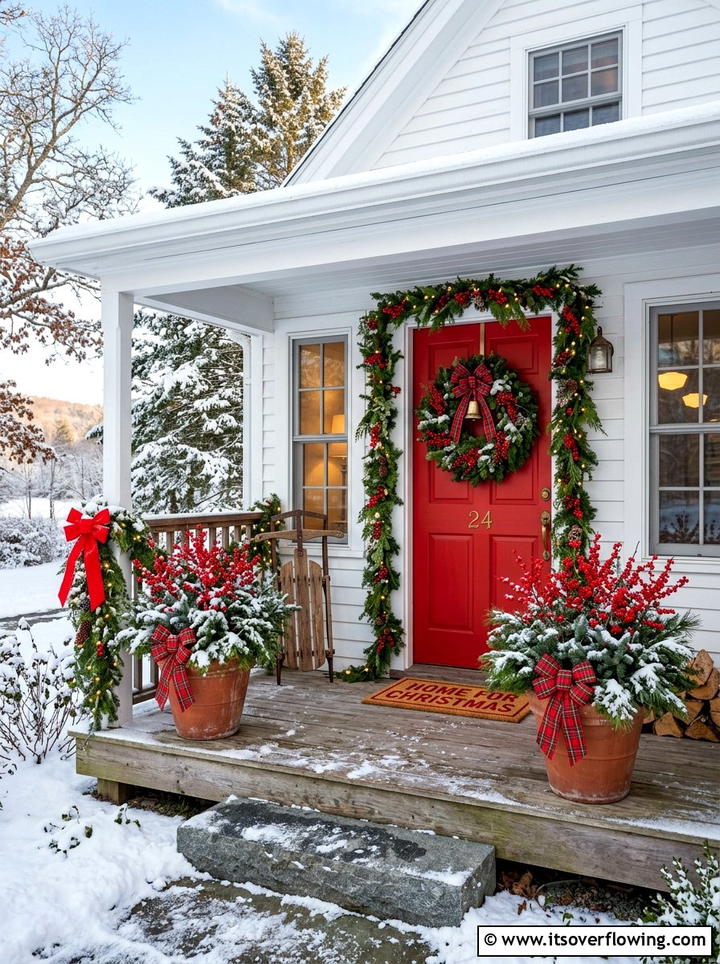 Red Berry Winter Porch - 25 front porch ideas with winter decor