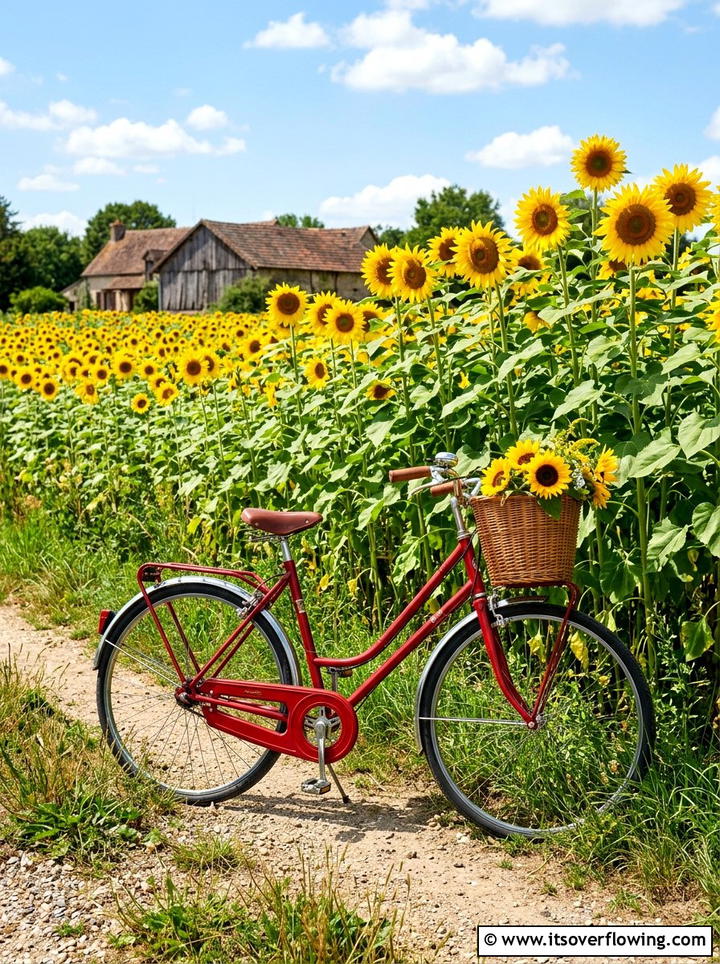 Red Bicycle With Sunflowers - 25 upcycled garden ideas with old bicycles