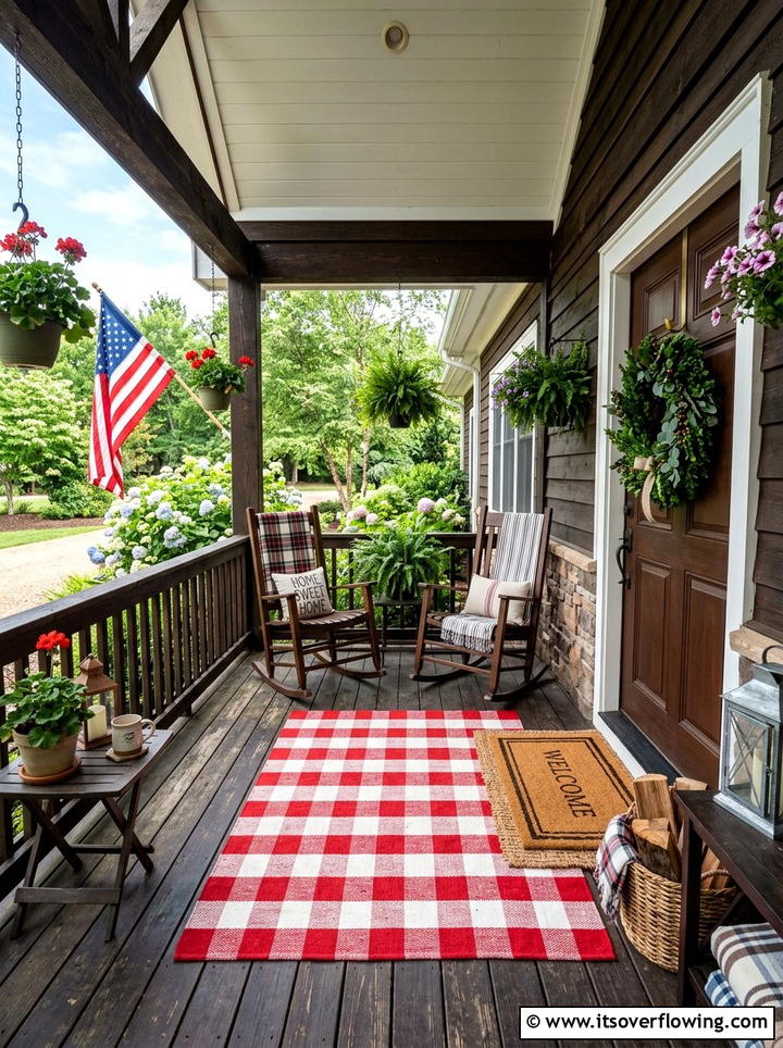 Red Checkered Porch Rug - 25 front porch ideas with layered doormats