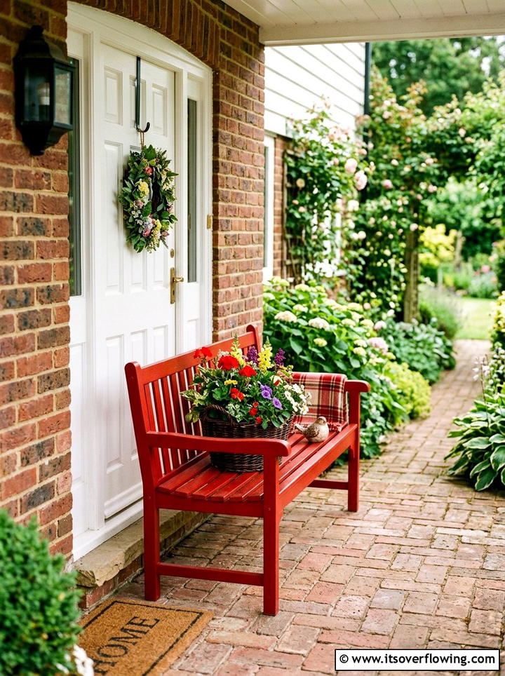 Red Entry Bench - 25 front porch decor ideas with bright colors