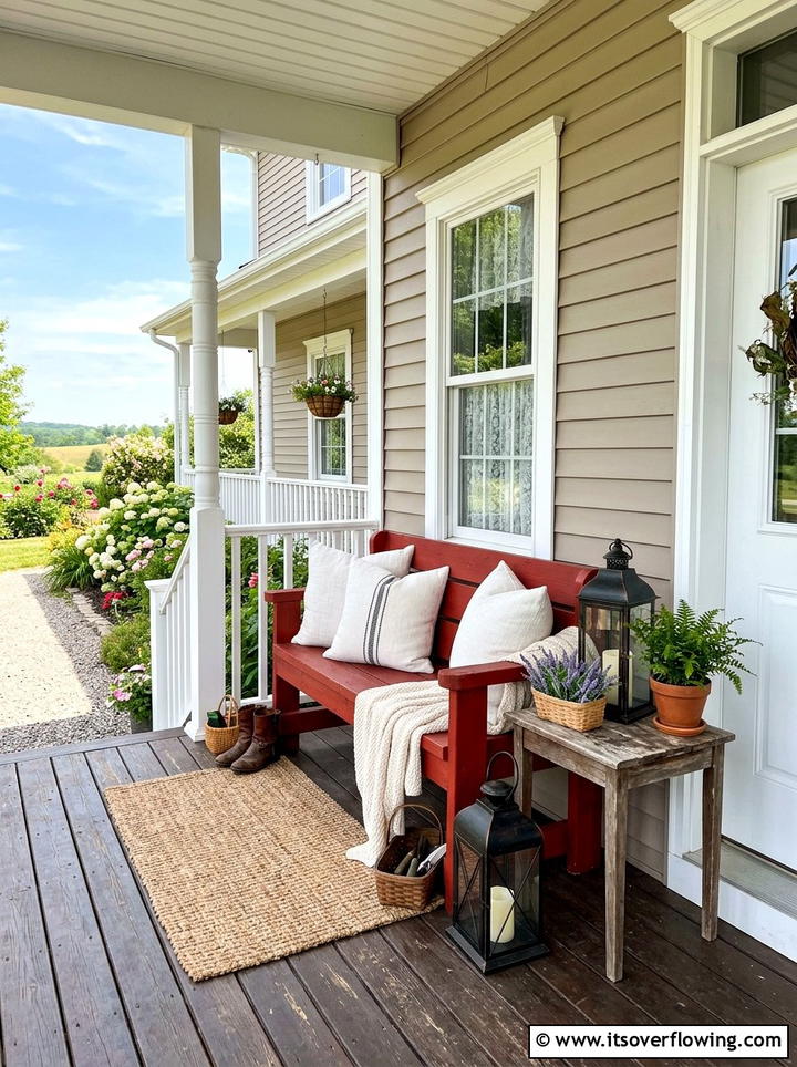 Red Farmhouse Porch Bench - 25 front porch decor ideas with antique benches