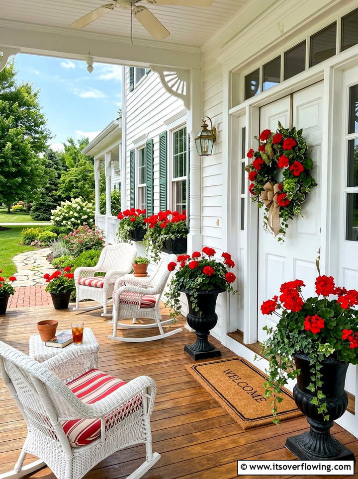 Red Geranium Porch - 25 front porch ideas with seasonal wreaths