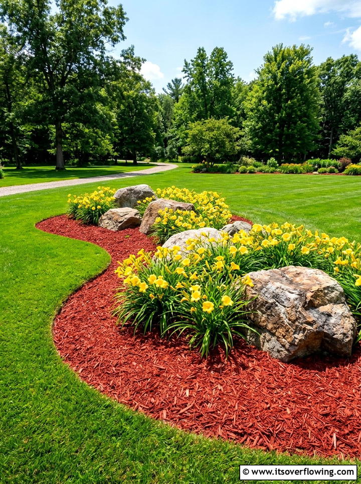 Red Mulch Island Bed - 25 cheap garden ideas with mulch