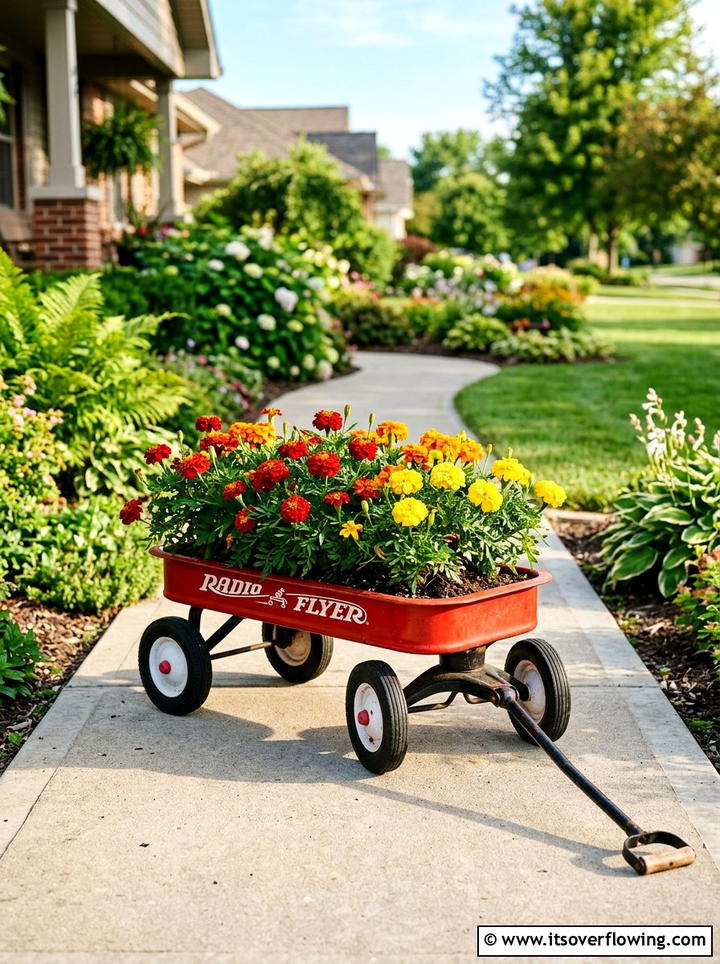 Red Radio Flyer Planter - 25 garden decor ideas with wagons