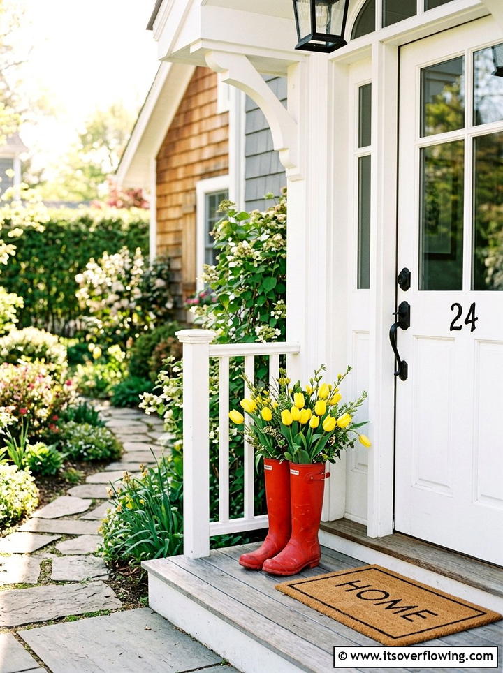 Red Rain Boot Door Greeting - 25 upcycled garden ideas with old boots