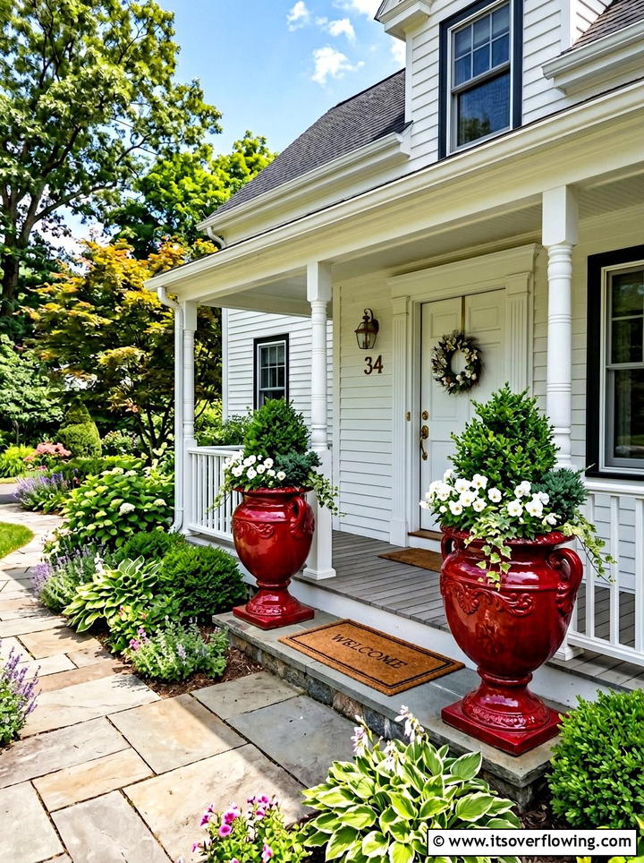 Red Traditional Ceramic Urns - 25 front porch ideas with ceramic pots