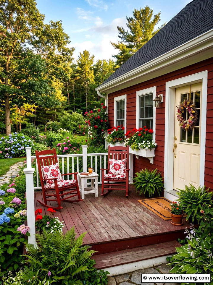 Red cottage porch - 25 front porch decor ideas with cushions