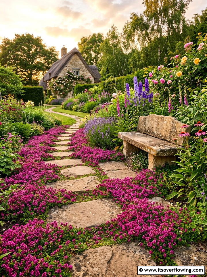 Red creeping thyme ground cover - 25 creative garden ideas with clover lawn alternatives
