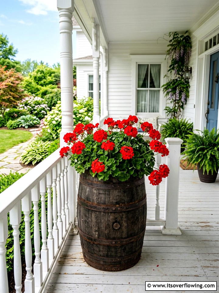 Red geranium barrel planter - 25 front porch ideas with barrel planters