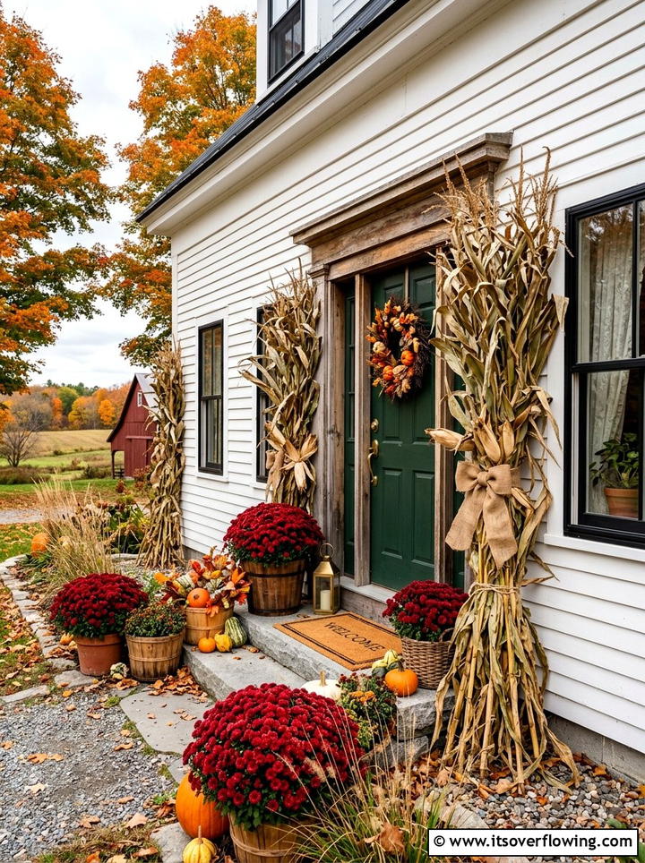 Red mums with corn stalks - 25 front porch ideas with mums