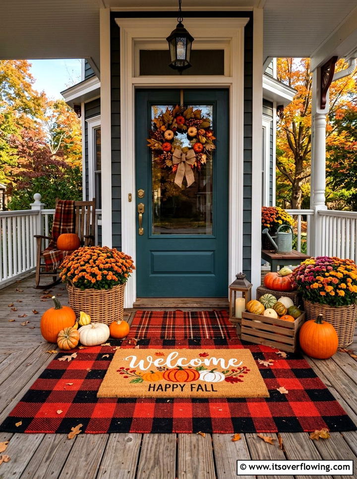 Red plaid rug with autumn doormat - 25 front porch decor ideas with layered mats
