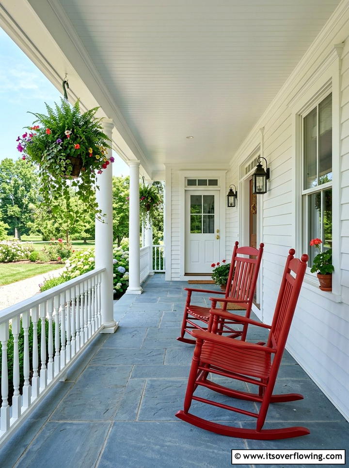 Red rocking chairs - 25 front porch ideas with pops of color