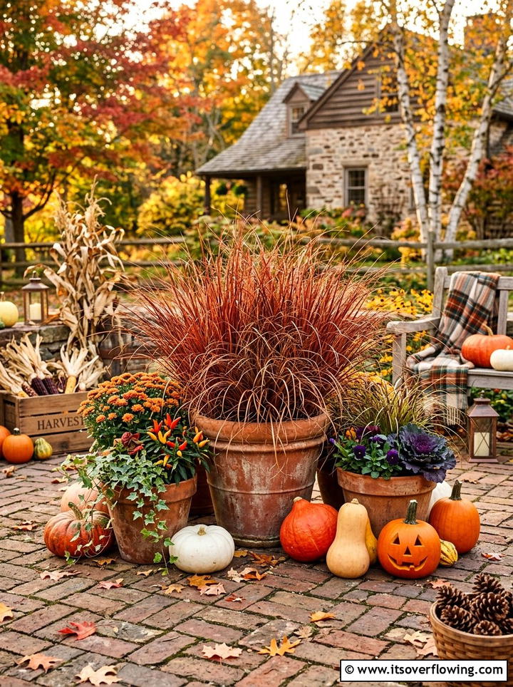 Red rooster sedge container garden - 25 backyard ideas with ornamental grasses