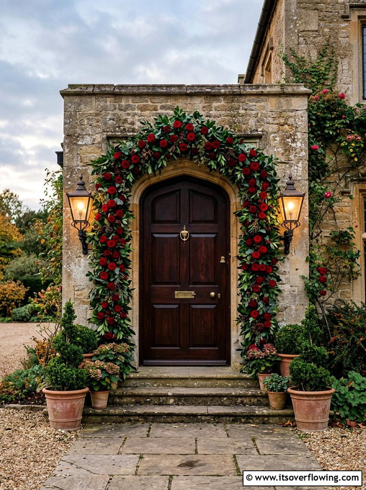 Red rose front door garland - 25 front porch ideas with floral garland