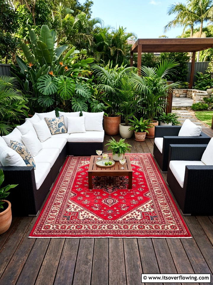 Red rug for backyard deck - 25 garden decor ideas with outdoor rugs