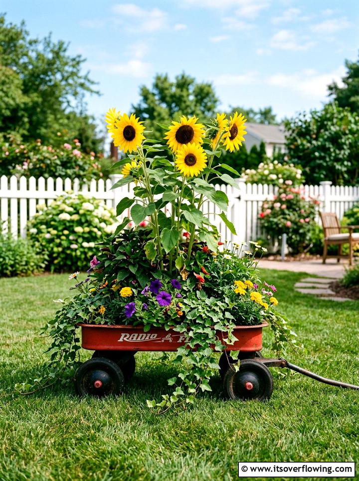 Red wagon flower bed - 25 recycled garden ideas with old toys