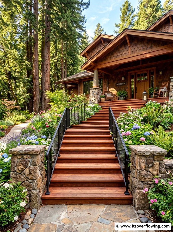 Redwood Staircase Entry - 25 front porch ideas with wood accents