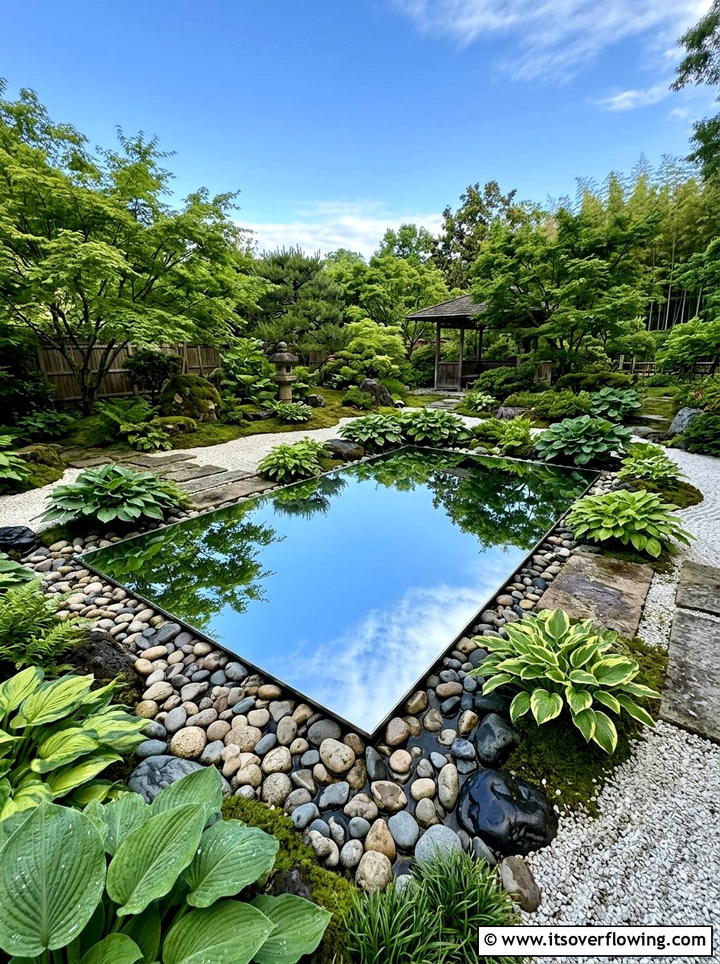Reflective Mirror Pond - 25 recycled garden ideas with mirror pieces