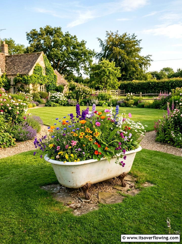 Repurposed Bathtub Flower Bed - 25 recycled garden ideas with gutter garden