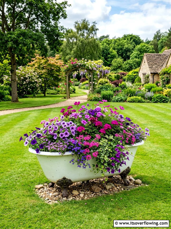Repurposed Bathtub Garden - 25 recycled garden ideas for front yard decor
