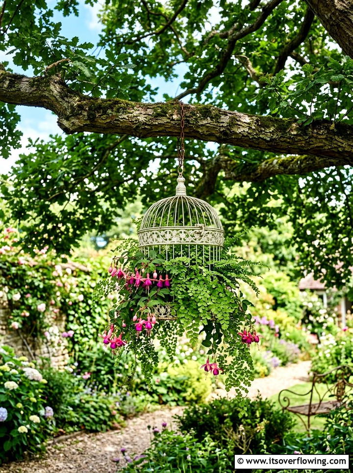 Repurposed Birdcage Plant Hanger - 25 upcycled garden ideas with cottage style