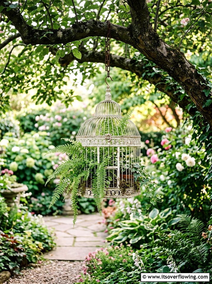 Repurposed Birdcage Plant Holder - 25 recycled garden ideas for front yard decor