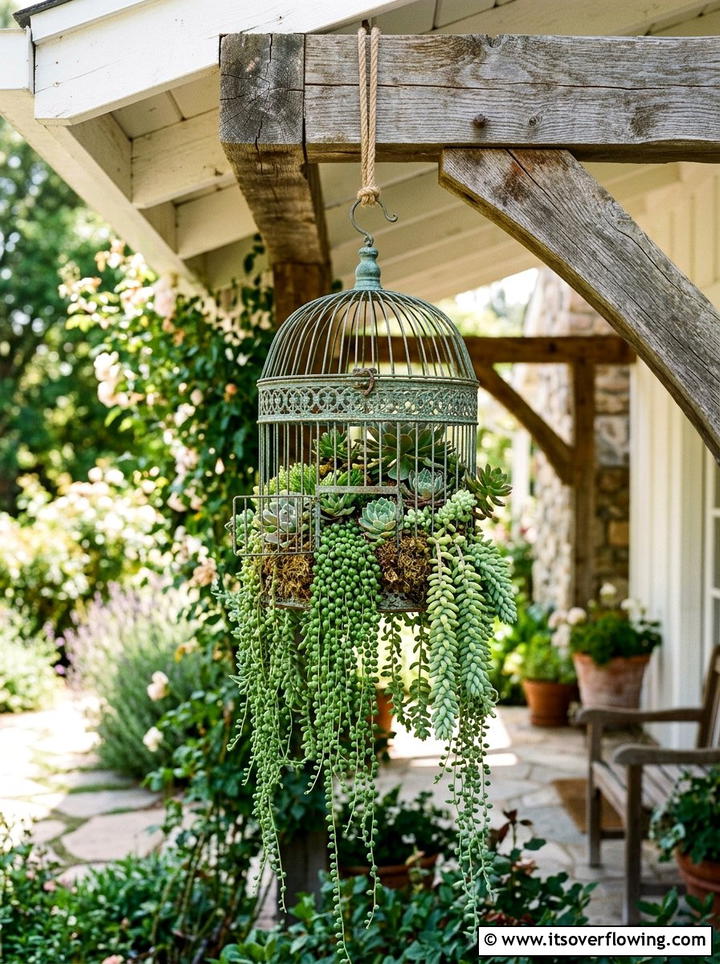 Repurposed Birdcage Succulent Garden - 25 reusing old things ideas for farmhouse garden look