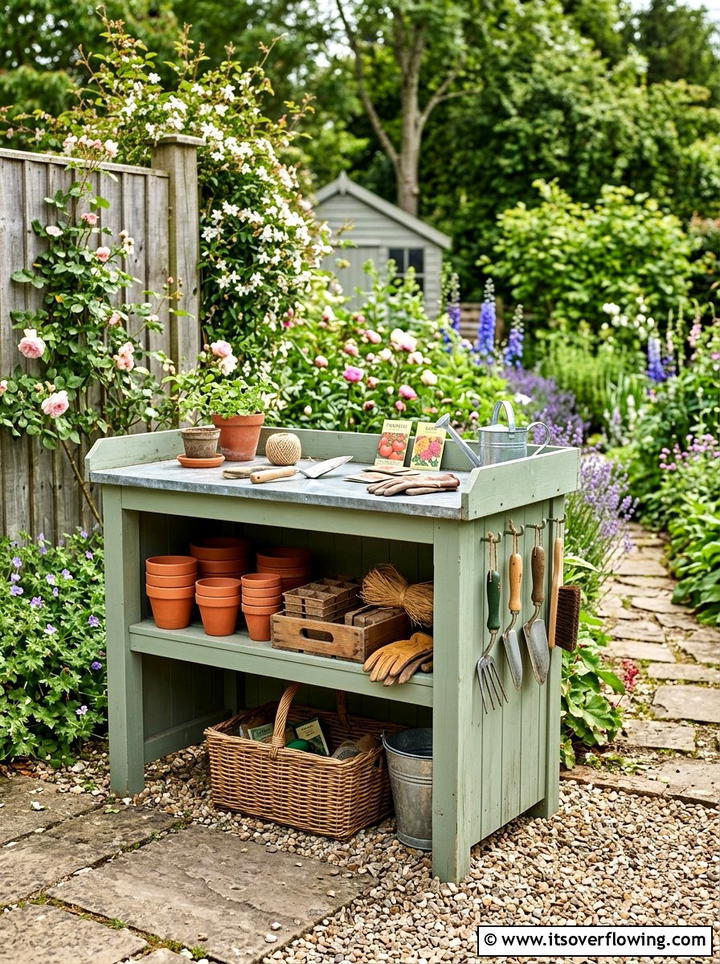 Repurposed Cabinet Garden Potting Bench - 25 garden ideas with old furniture