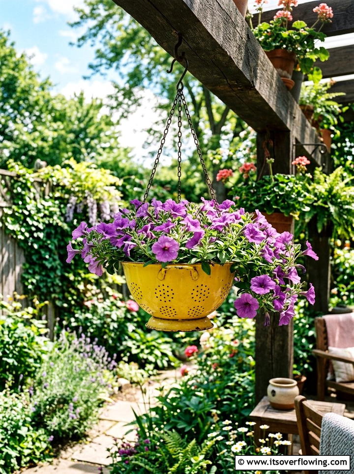 Repurposed Colander Hanging Basket - 25 reusing old things ideas for patio