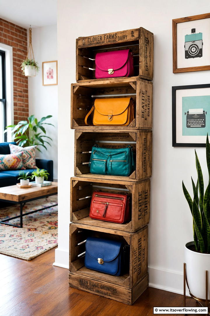 Repurposed Crate Purse Holder - 30 Efficient Pots and Pans Storage Ideas for a Tidy Kitchen