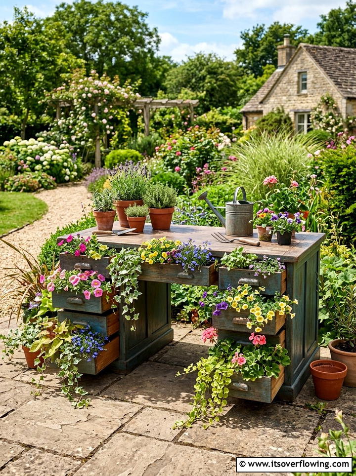 Repurposed Desk Planter - 25 upcycled garden ideas with old drawers