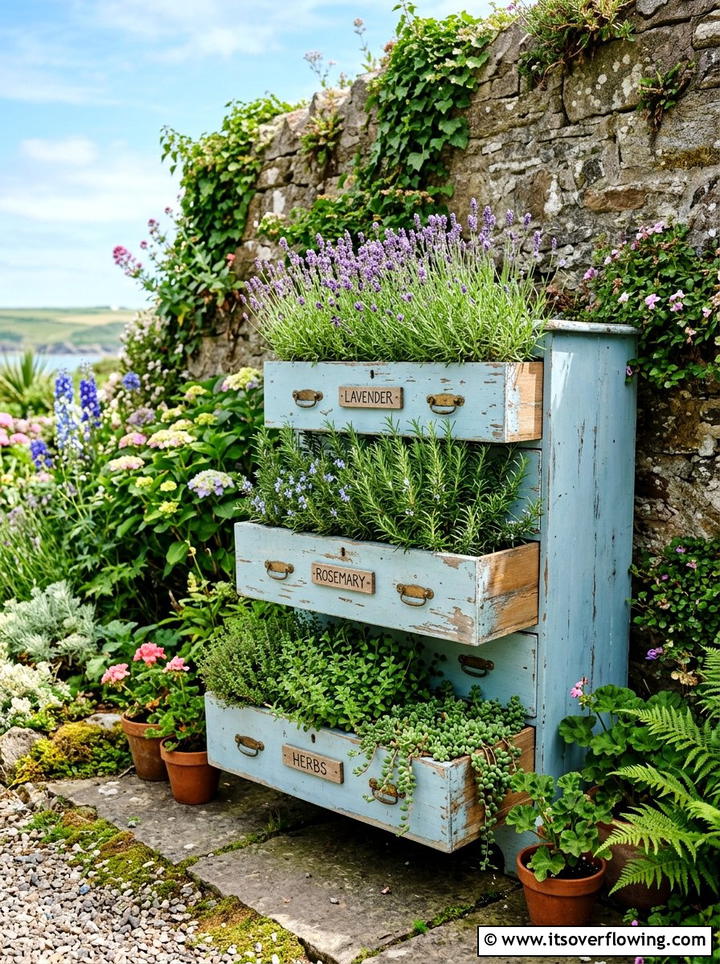 Repurposed Dresser Drawer Garden - 25 upcycled garden ideas with coastal style