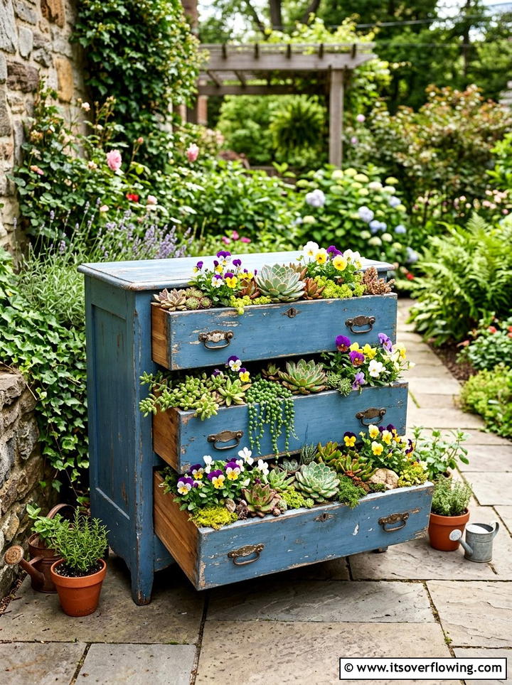 Repurposed Dresser Drawer Garden - 25 recycled garden ideas with gutter garden