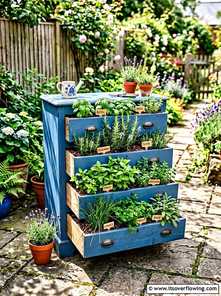 Repurposed Dresser Herb Garden - 25 upcycled garden ideas with cottage style