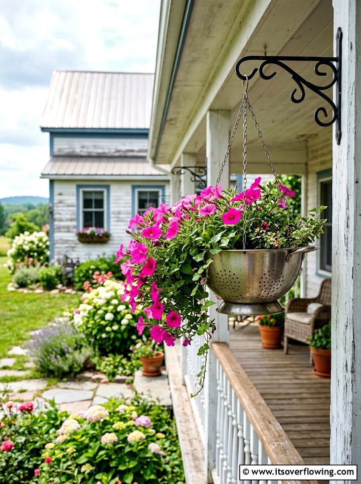 Repurposed Kitchen Colander Hanging Basket - 25 reusing old things ideas for farmhouse garden look
