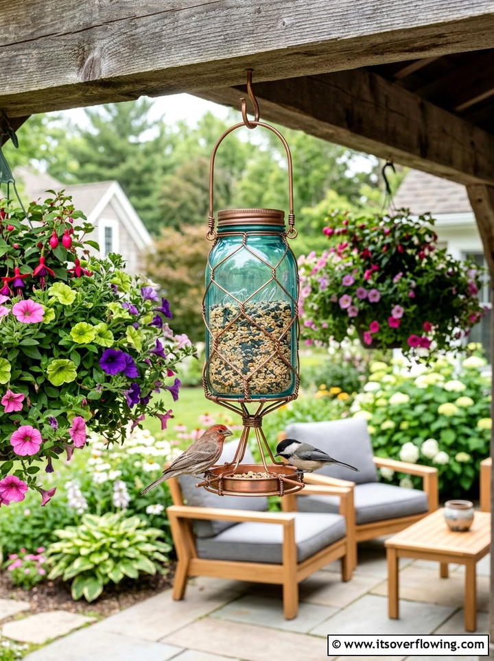 Repurposed Mason Jar Bird Feeder - 25 upcycled garden ideas with bird feeders